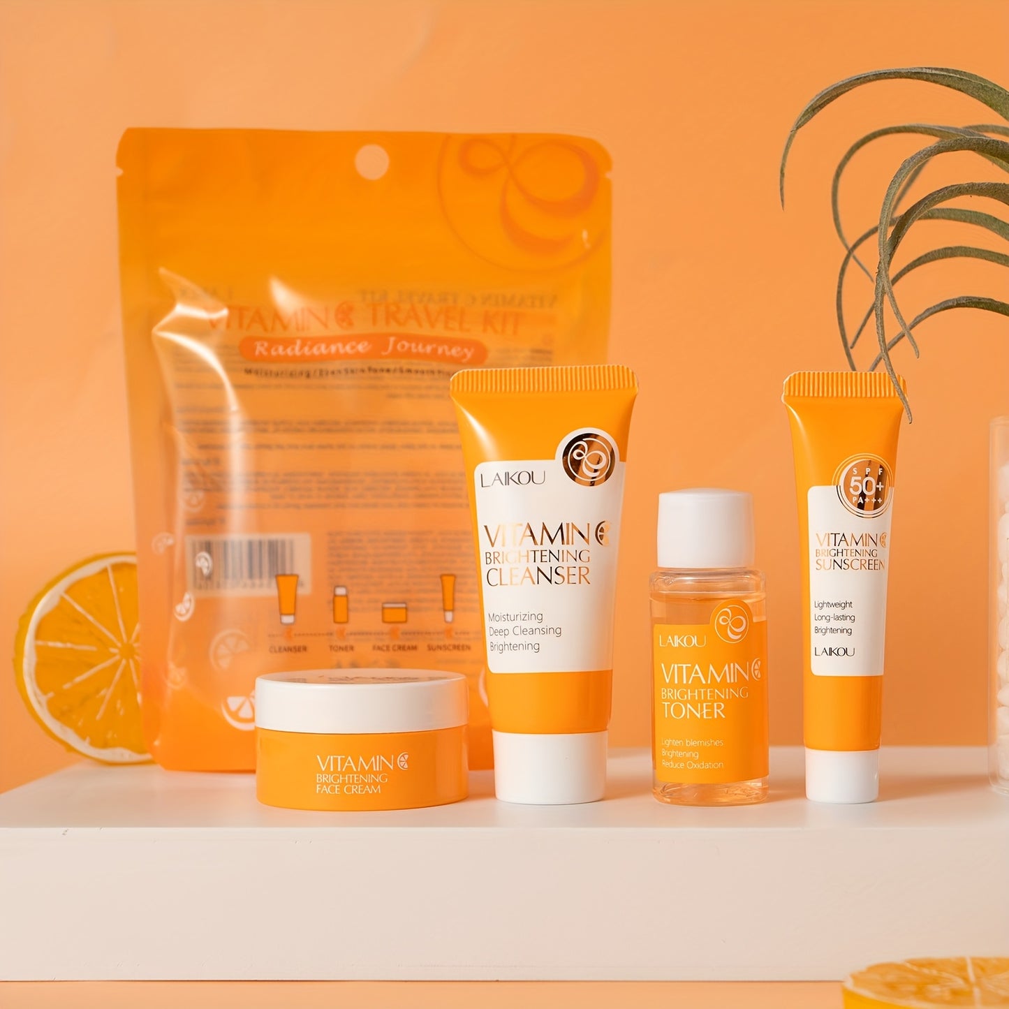 LAIKOU Vitamin C Skincare Set includes 4 products for all skin types: foam cleanser, toner, moisturizer, and sunscreen.