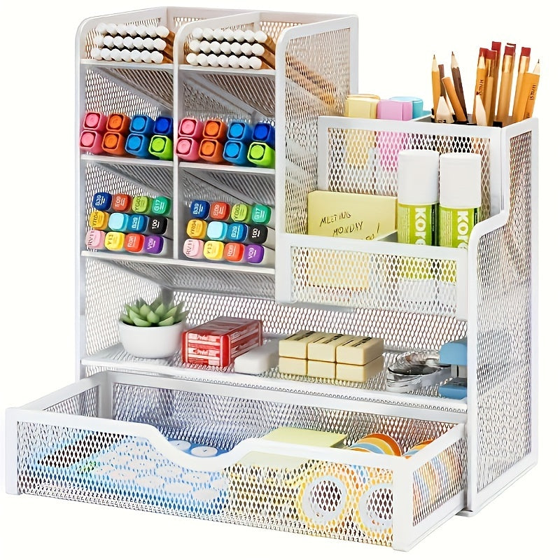 Iron Mesh Desk Organizer with Drawer - Multi-Functional Pencil Holder, Office Art Supplies Storage, Non-Slip Feet, Smooth Edges, Durable Metal Mesh.