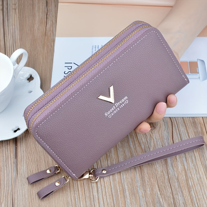 Women's stylish synthetic leather wallet with dual zipper closures, multi-card slots, large capacity, wrist strap, and coin purse in grey, pink, purple, burgundy, and black. Cute and