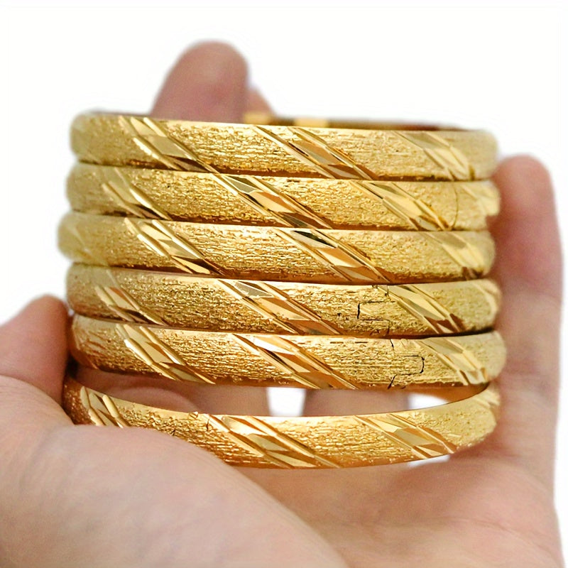 6 pieces of Bohemian Luxurious 24K Golden Plated Copper Bangle Set featuring 8mm African Ethiopian Hand Bracelets. This unisex Wedding Gift Jewelry is perfect for women and can be worn as a stunning accessory for parties and Lunar New Year celebrations.