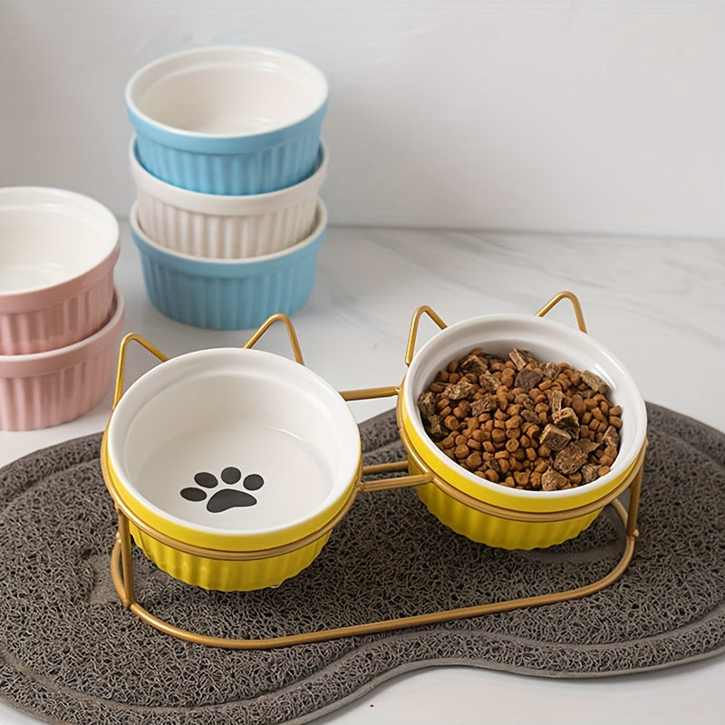 Set of non-slip ceramic cat food and water bowls with iron bracket promotes healthy eating and reduces neck strain.