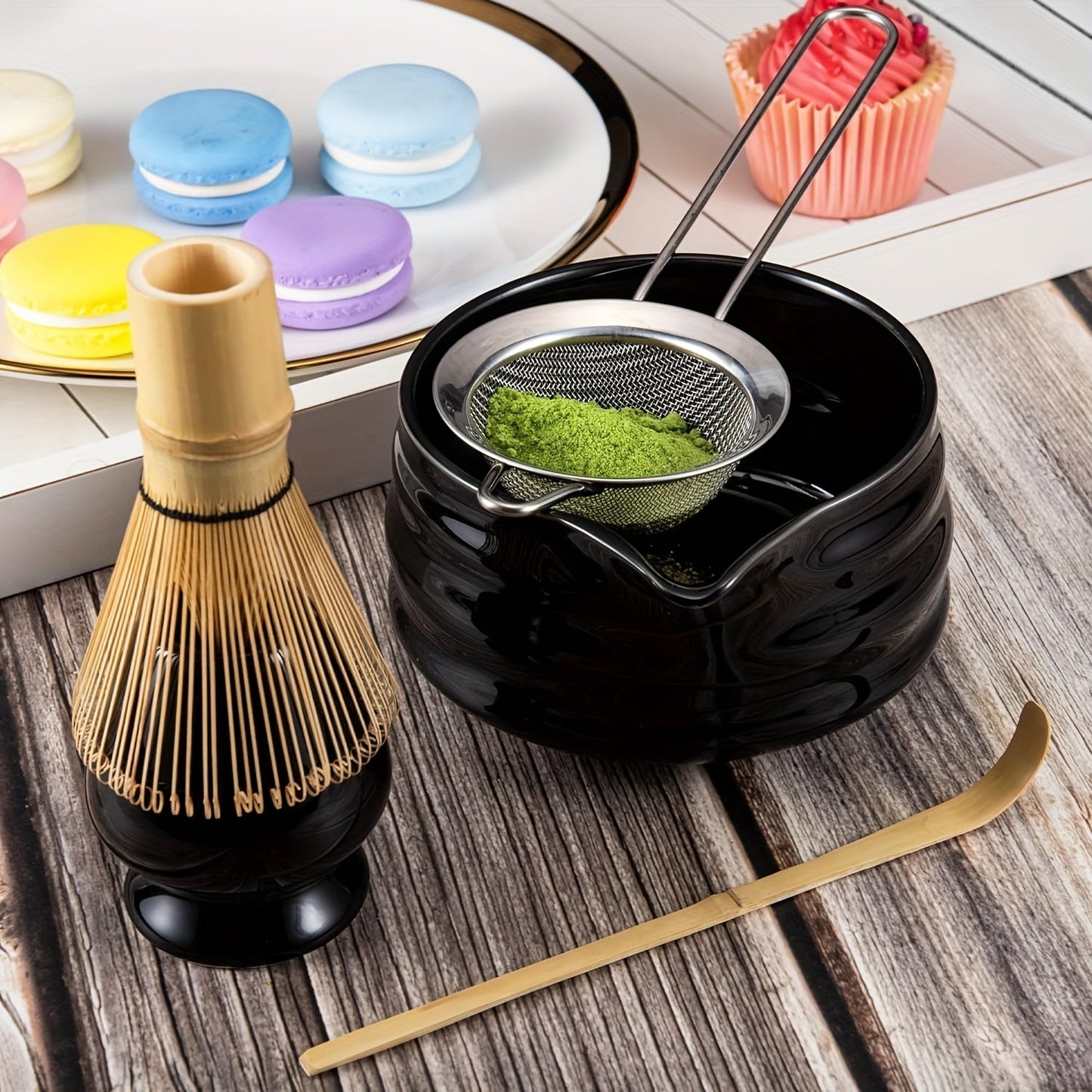 Authentic Japanese Matcha Ceremony Kit: Includes Ceramic Tea Bowl, Bamboo Tea Whisk, Gold-Plated Tea Scoop, and Matcha Sieve - Ideal for Traditional Matcha Rituals