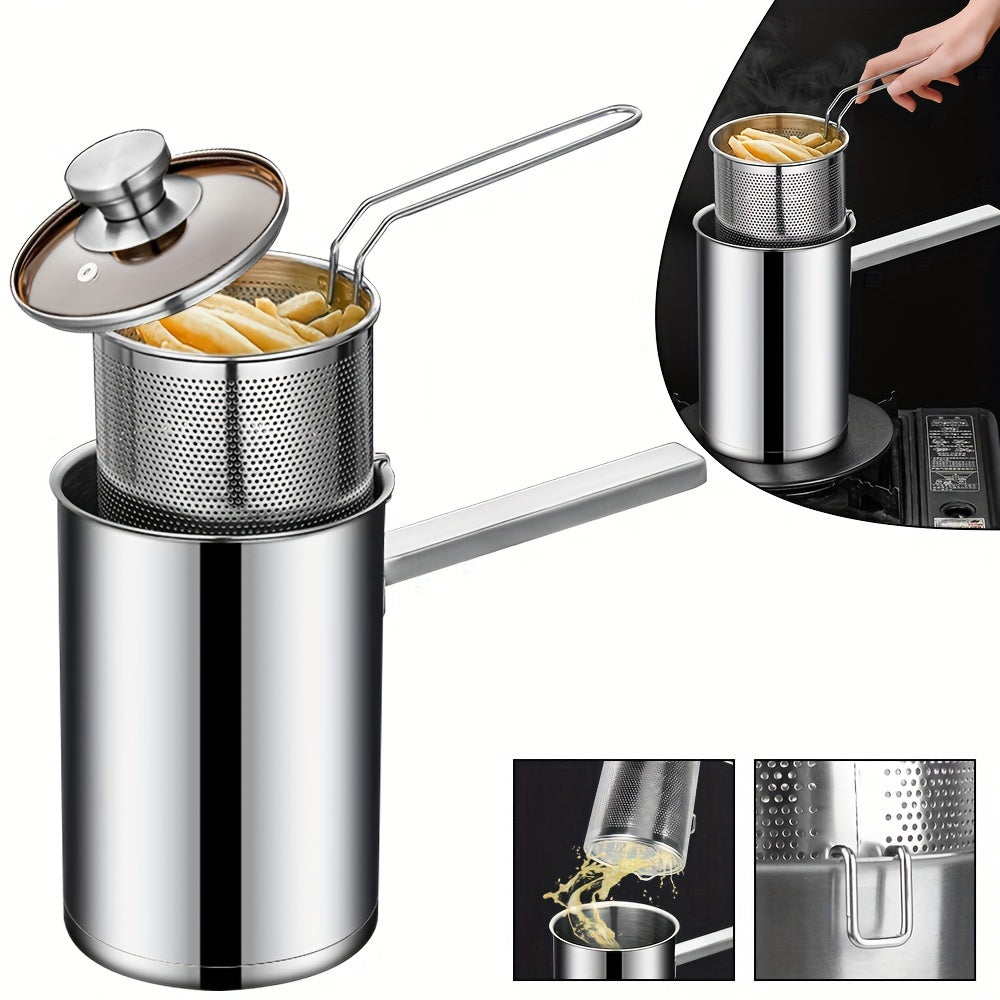 One piece of durable 304 stainless steel cookware, this deep fryer pot comes with a strainer basket and lid, making it perfect for cooking chicken and other fried foods on a gas stovetop. Its foldable handle adds convenience and easy storage.