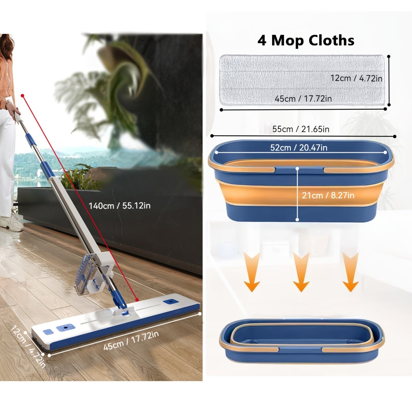 Hands-free 360° Rotating Microfiber Mop And Bucket Set with Dewatering Scraper - perfect for easy pet hair removal from any surface, wet or dry. Ideal for use in homes, hotels, and schools. A must-have tool for effortlessly removing pet hair.