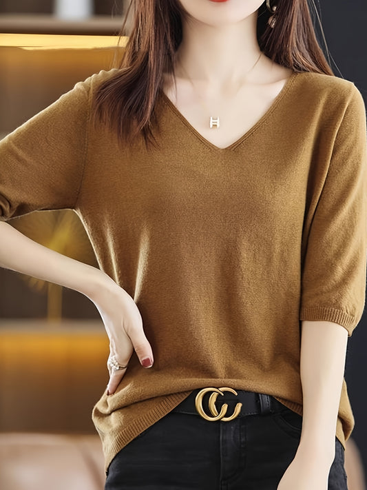 V-neck sweater in solid color, versatile half sleeve knit top for spring/fall, women's clothing.