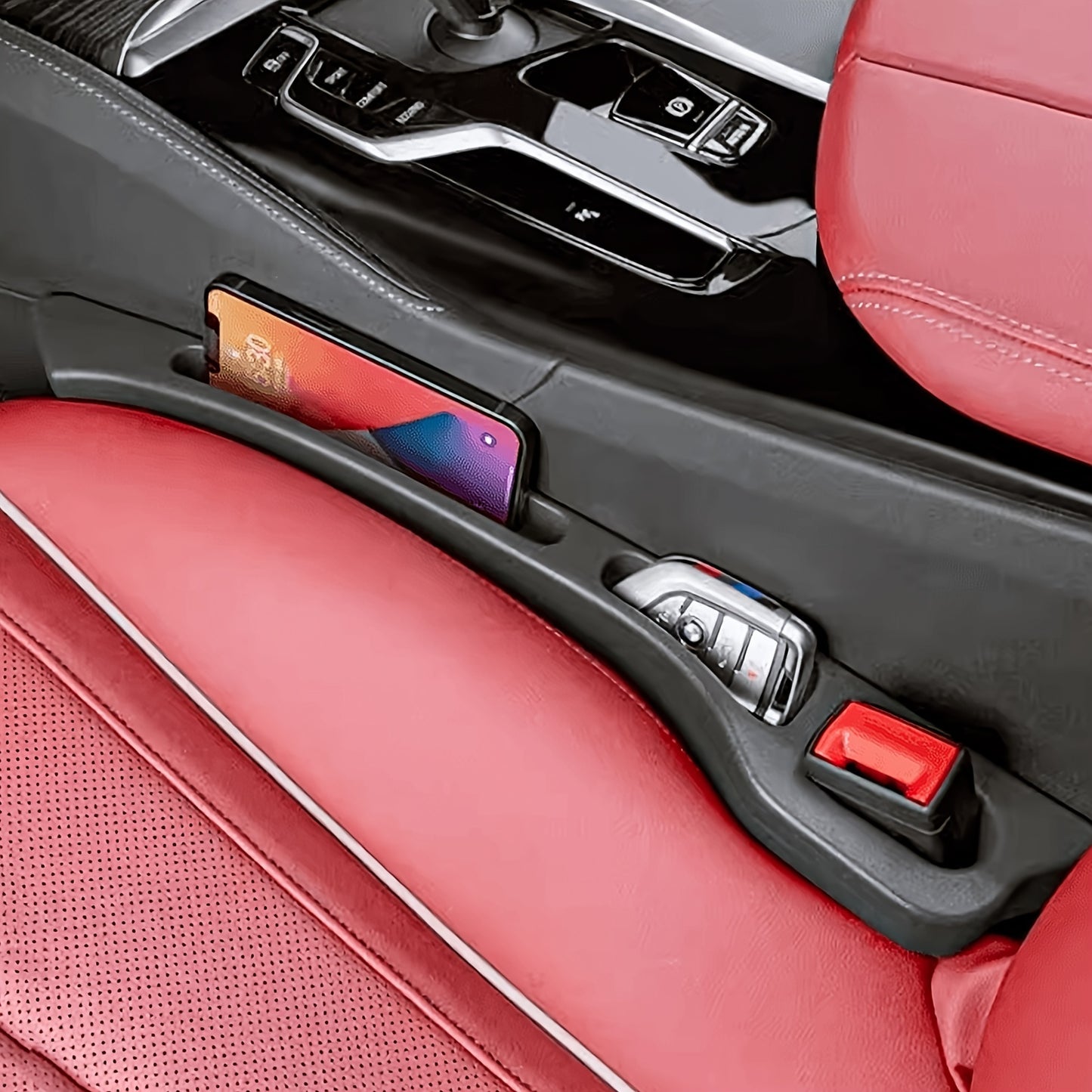 Car seat gap filler organizer with key and phone slots, universal fit, flexible, waterproof.