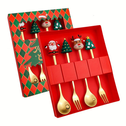 Christmas-themed stainless steel cutlery set includes 4 or 6 pieces in a gift box, featuring Santa, Christmas tree, and reindeer figurine designs. Perfect for serving desserts, cakes, fruit, and coffee during the holiday season. Great gift idea for