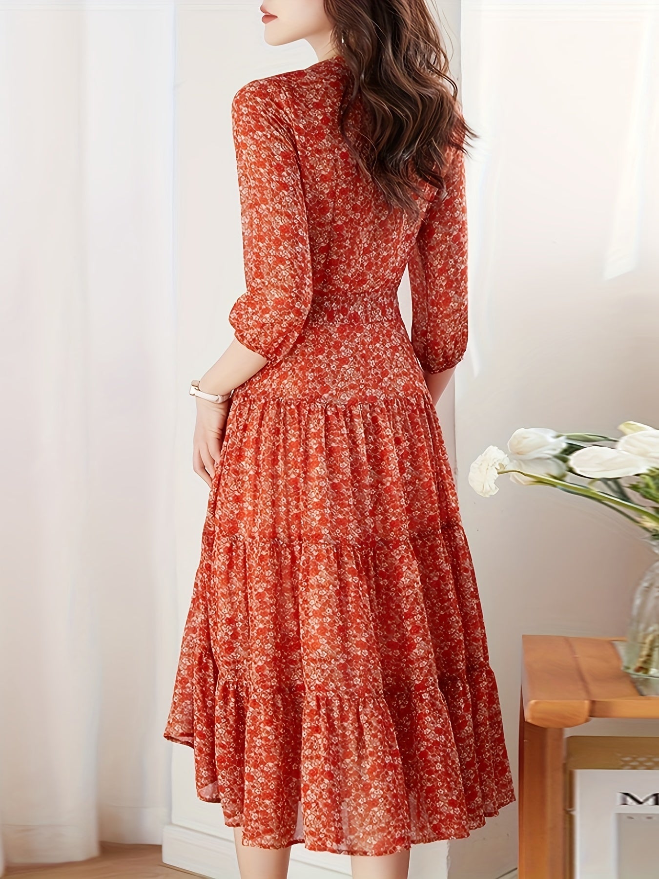 Elegant red floral chiffon maxi dress for women with a flattering slimming effect, complete with a belt.