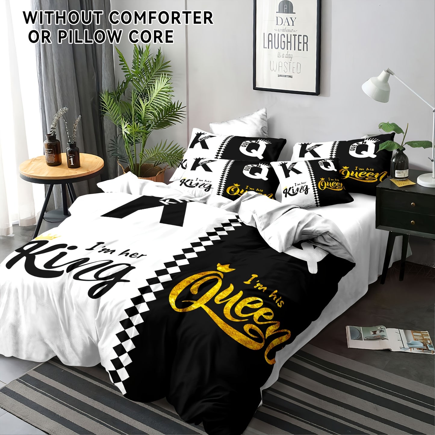 King & Queen Crown 3pcs Duvet Cover Set - Soft Breathable Polyester, Zipper Closure - Includes 1 Duvet Cover & 2 Pillowcases, Machine Washable, Digital Print