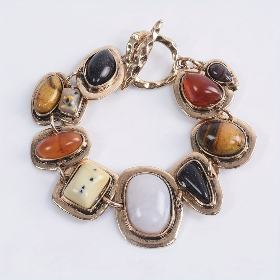 This Gold-Tone Resin Bracelet in Vintage Bohemian Style is ideal for daily wear or gifting. It measures 19cm/7.48in in length and 2.6cm/1.02in in width.