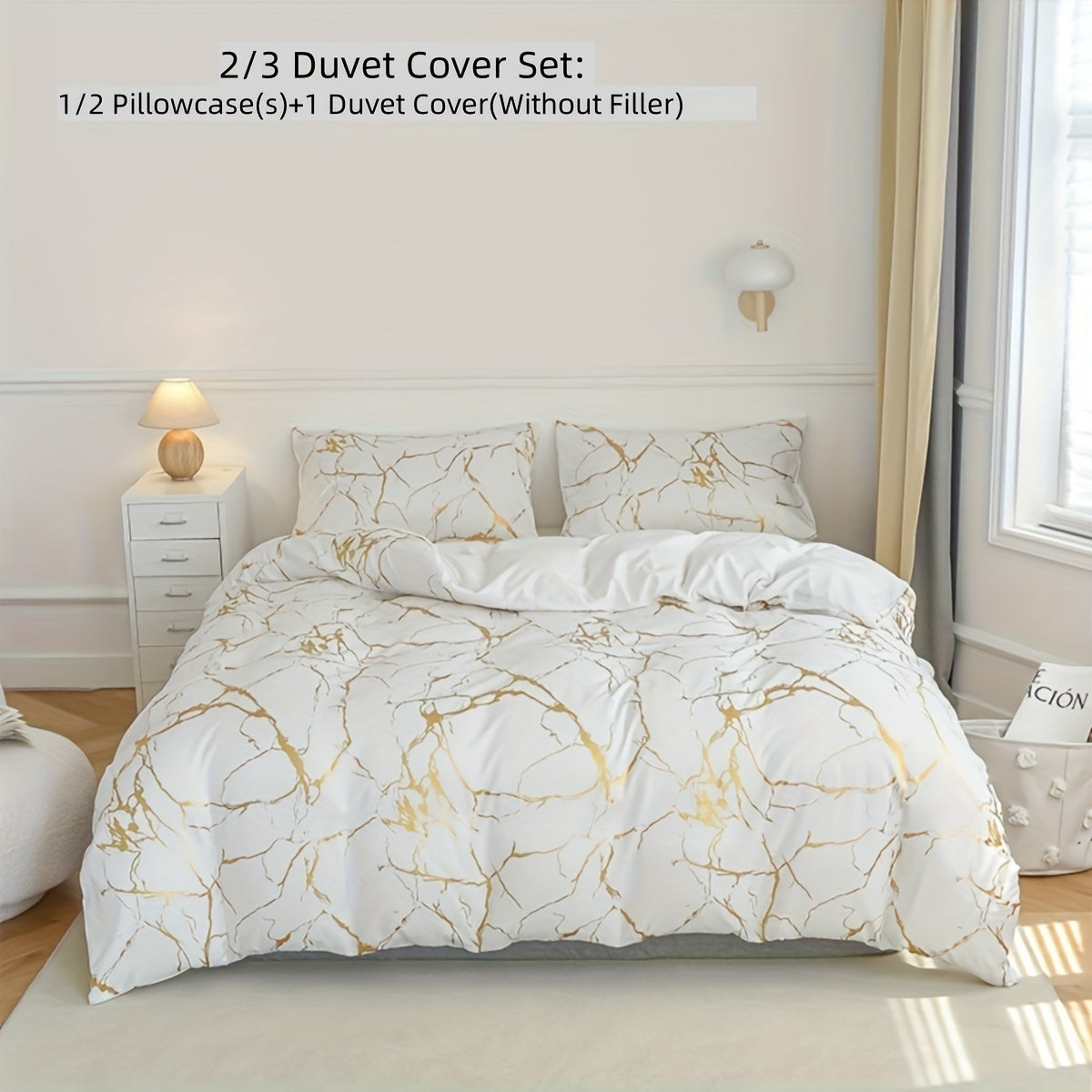 2/3pcs Flocked White Marble Pattern Quilt Cover with Glitter Golden Foil Print Bedding Set, Soft Super Fine Bedding Quilt Cover with 1 Quilt Cover and 1/2 Pillowcase. No filling included.