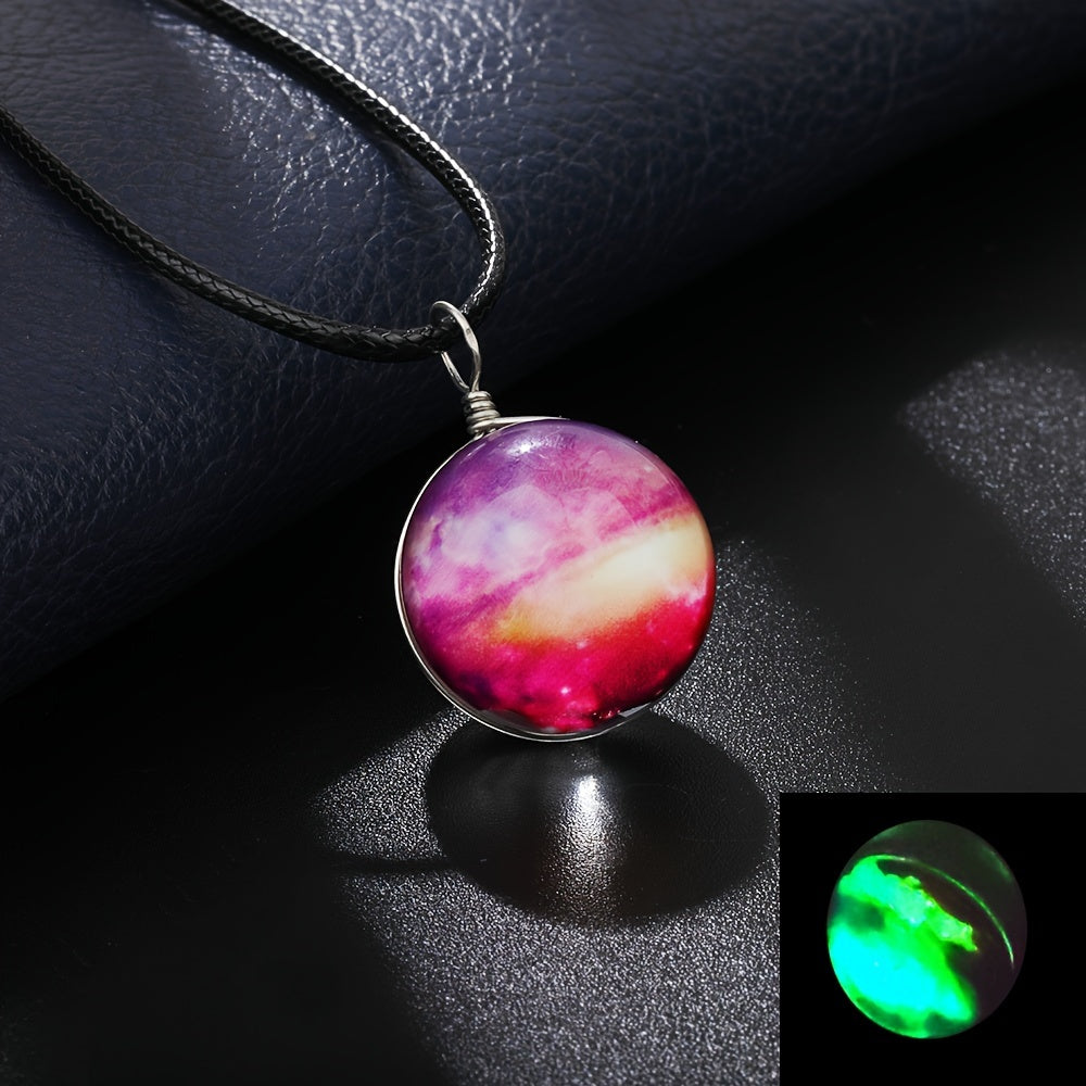 Set of 4 Starry River pendant necklaces featuring dual-sided glass orb and a luminous boho-retro style. Each necklace showcases a cosmic dreamy space gemstone that glows in the dark, making it the perfect accessory for music festivals, travel, and beach