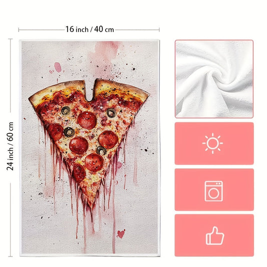 Set of 2 Ultra Soft Kitchen Towels in Valentine's Day Pizza Love Theme. Highly Absorbent and Machine Washable Dish Hand Towels, measuring 40.64x60.96 cm. Featuring a Contemporary Style, made of Polyester perfect for Holiday Decor. These Kitchen Hand