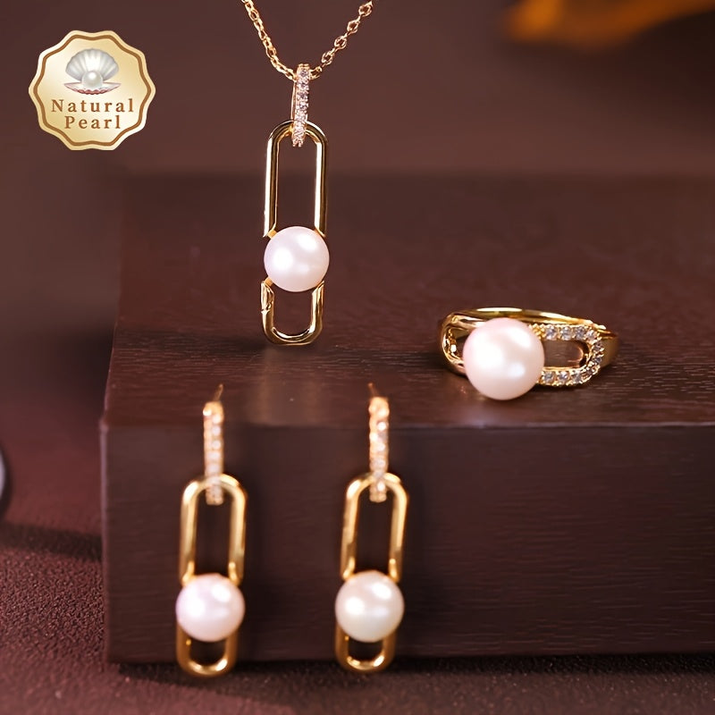 Gift the woman in your life with this exquisite 3-piece Freshwater Pearl Jewelry Set, featuring a necklace, earrings, and ring adorned with sparkling Cubic Zirconia accents. Beautifully packaged in a perfect gift box, this MUFAN set exudes elegance.