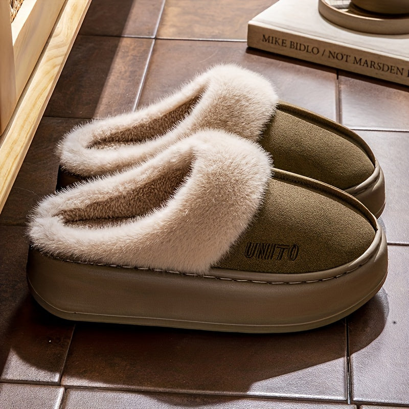 Cozy winter plush slippers for men and women with soft fabric lining, non-slip sole, machine washable. Available in beige and gray with white fur trim. Perfect for indoor comfort.