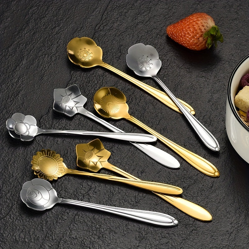 Golden stainless steel coffee and dessert spoons set with floral and geometric designs, ideal for tea, cake, and ice cream; great for weddings and coffee bars.