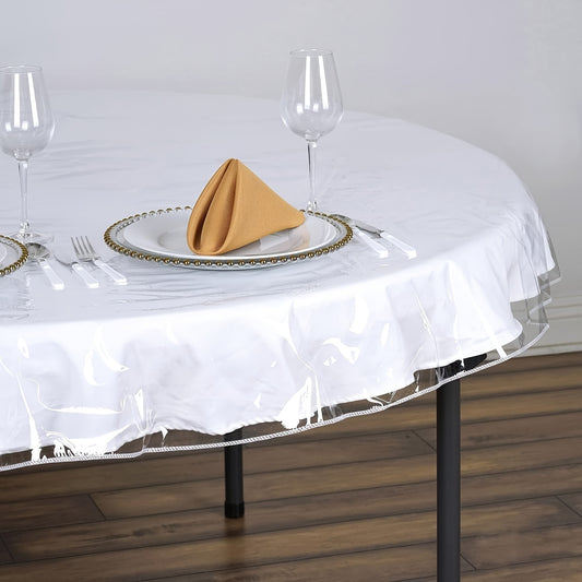 Round transparent vinyl tablecloth with waterproof and oil-resistant properties. Easy to clean for home dining or restaurant décor. Solid color with machine-made design. Perfect for banquets.