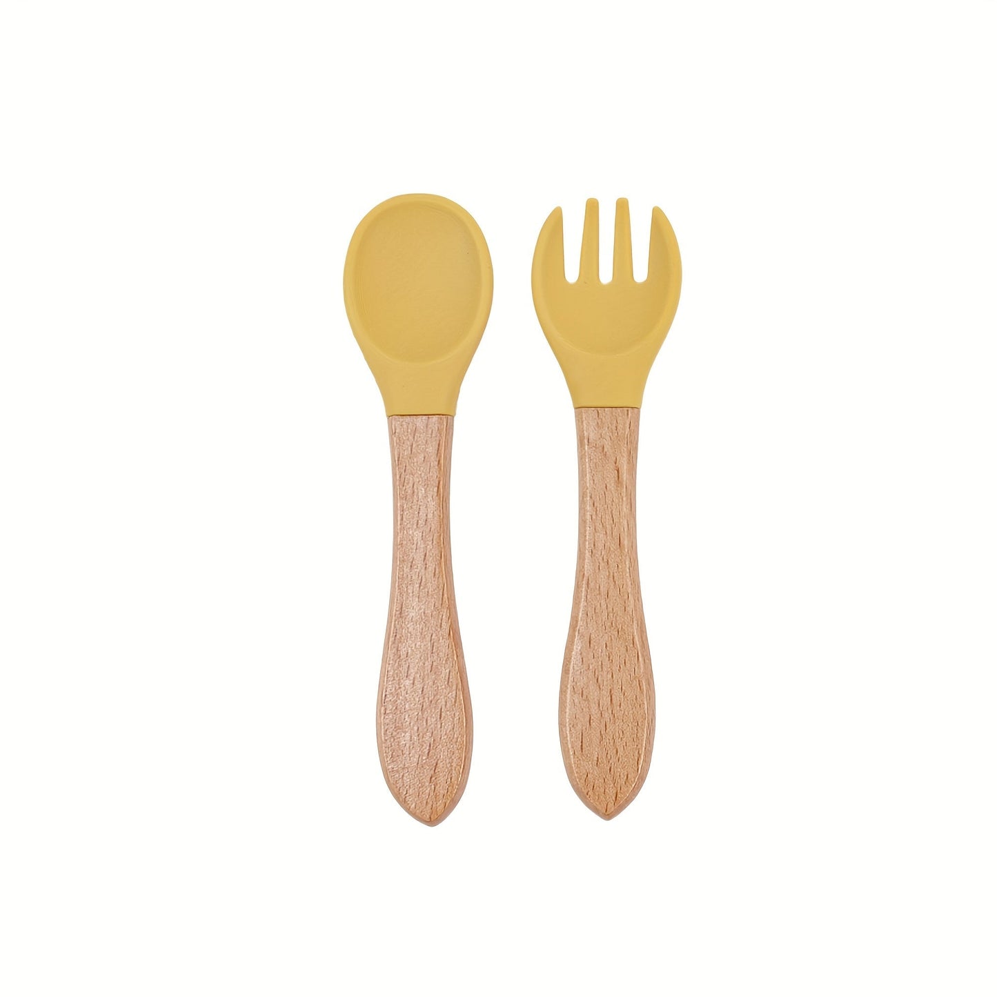 Set of baby fork and spork made from bamboo and silicone, perfect for toddler self-feeding. Ideal for baby-led weaning and makes a great gift for newborns or special occasions like Christmas, Thanksgiving, and Chinese New Year.