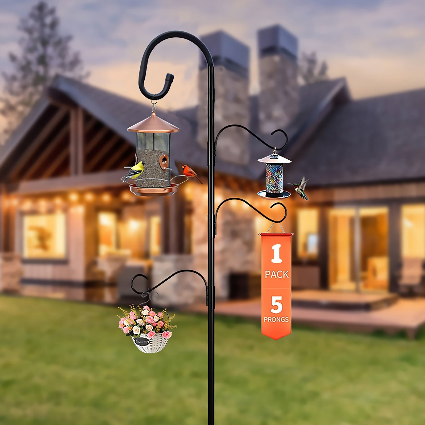 Outdoor iron shepherds hook with three hanging arms and a five-prong base for rust-resistant garden decor. Perfect for hanging bird feeders or flower baskets as a festive decoration.