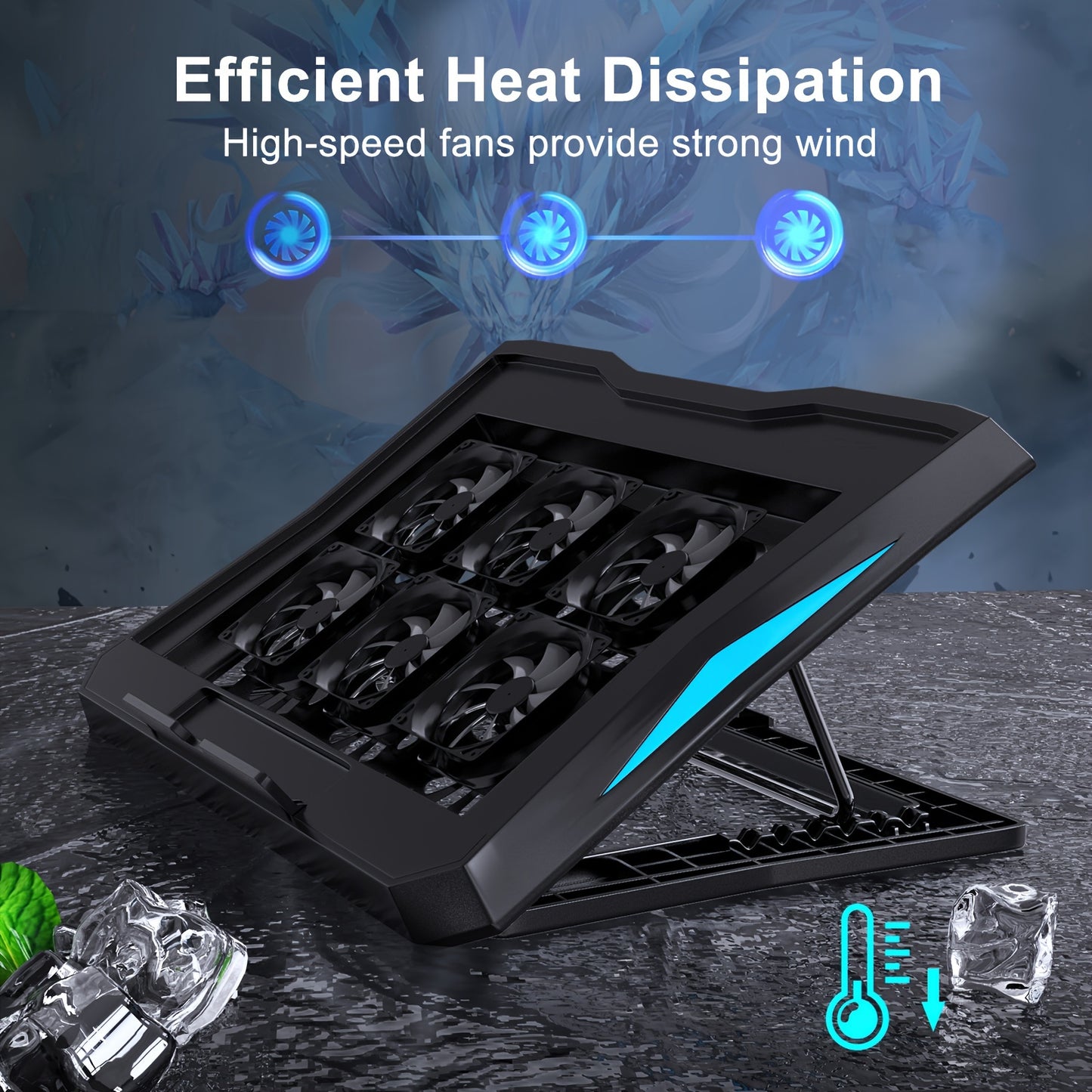 Laptop cooling stand with 6 fans, adjustable height, LED light, USB ports, and metal mesh design for 22.86-39.62 cm laptops.