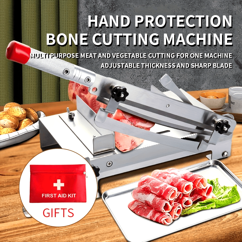 Manual mandoline slicer made of stainless steel - versatile hand protection device for cutting bones with adjustable thickness, featuring a sharp rectangular blade for slicing meat and vegetables.