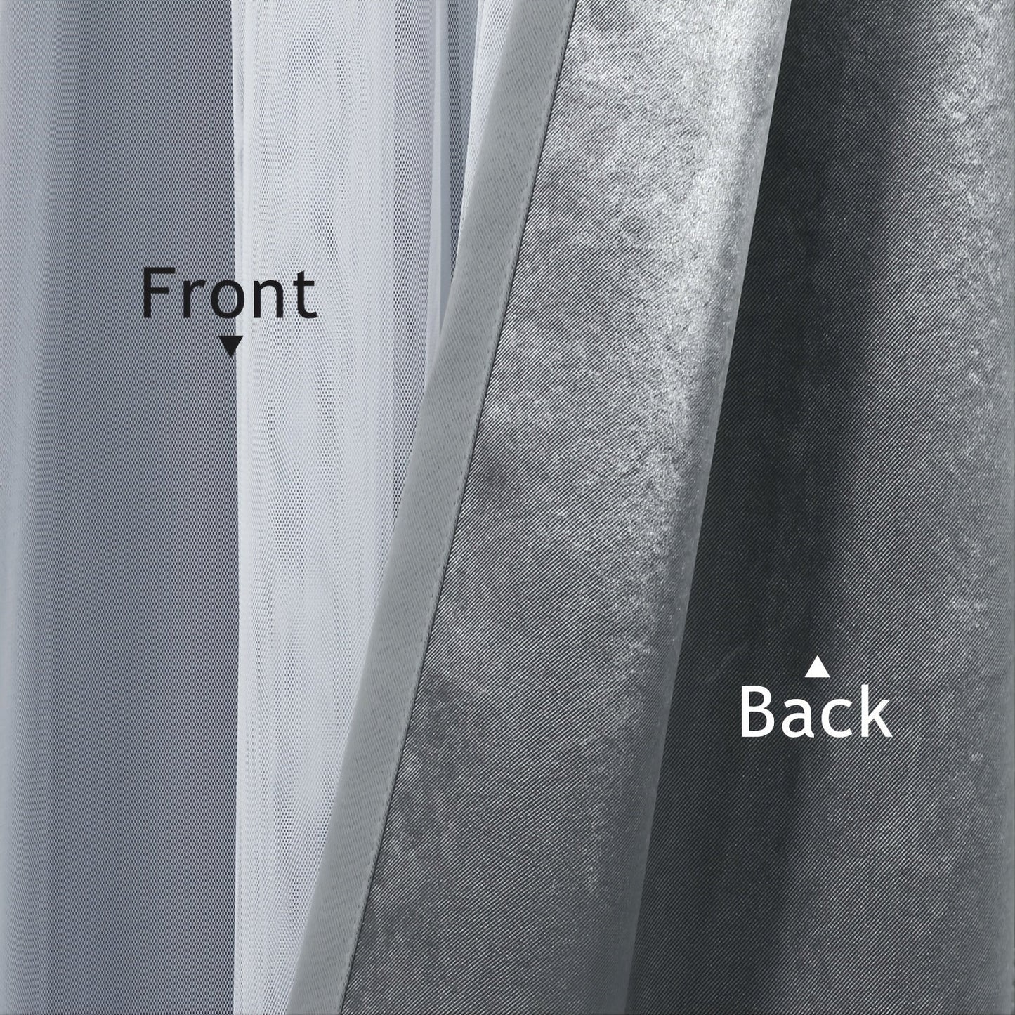 Grey bedroom blackout curtains with white sheer voile double-layered combination, featuring grommet design for easy hanging.