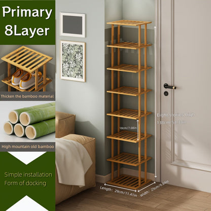 The bamboo shoe rack is crafted from high-quality moso bamboo sourced from high-mountain regions. With 3 to 8 customizable layers, this rack is easy to install, disassemble, and reassemble whenever needed. Perfect for small entryways, it provides a