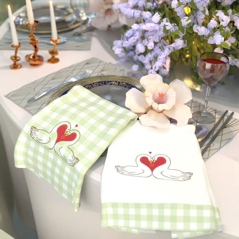 Two pieces of Valentine's Day kitchen towels made of soft, quick-dry polyester material measuring 45.72x66.04cm. Featuring a lovely heart and swans design in vibrant colors, these towels are perfect for use in the home, parties, and outdoor settings.