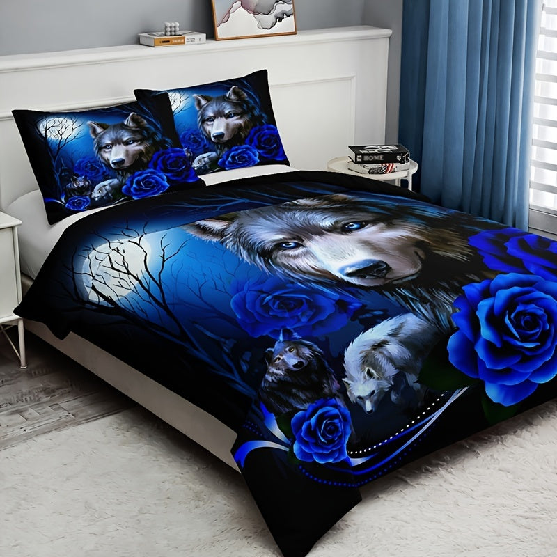 Fashionable 3-piece Duvet Cover Set featuring a striking Wolf Blue Rose Print design. This bedding set is made of soft, comfortable, and breathable material, perfect for adding style and comfort to your bedroom or guest room. Set includes 1 Duvet Cover