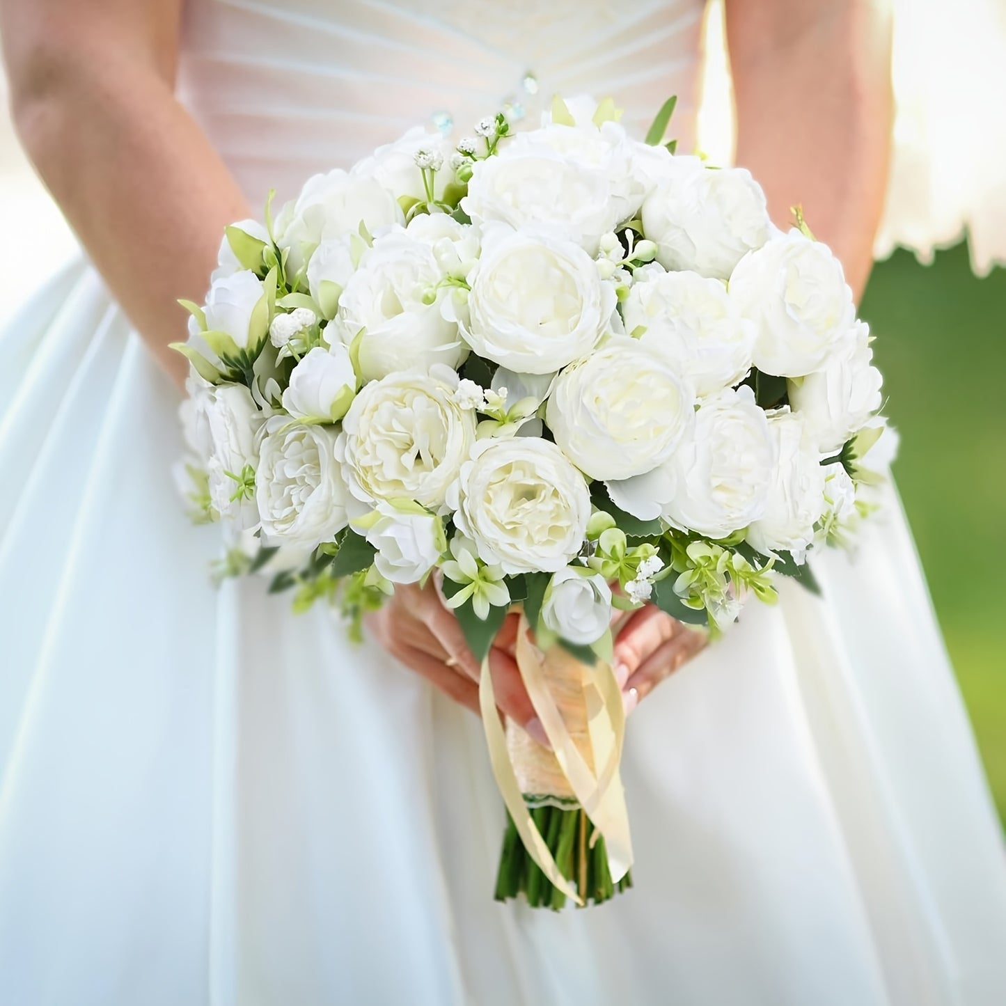 White artificial peonies bouquet for all-season home decoration, perfect for various occasions - no container included.