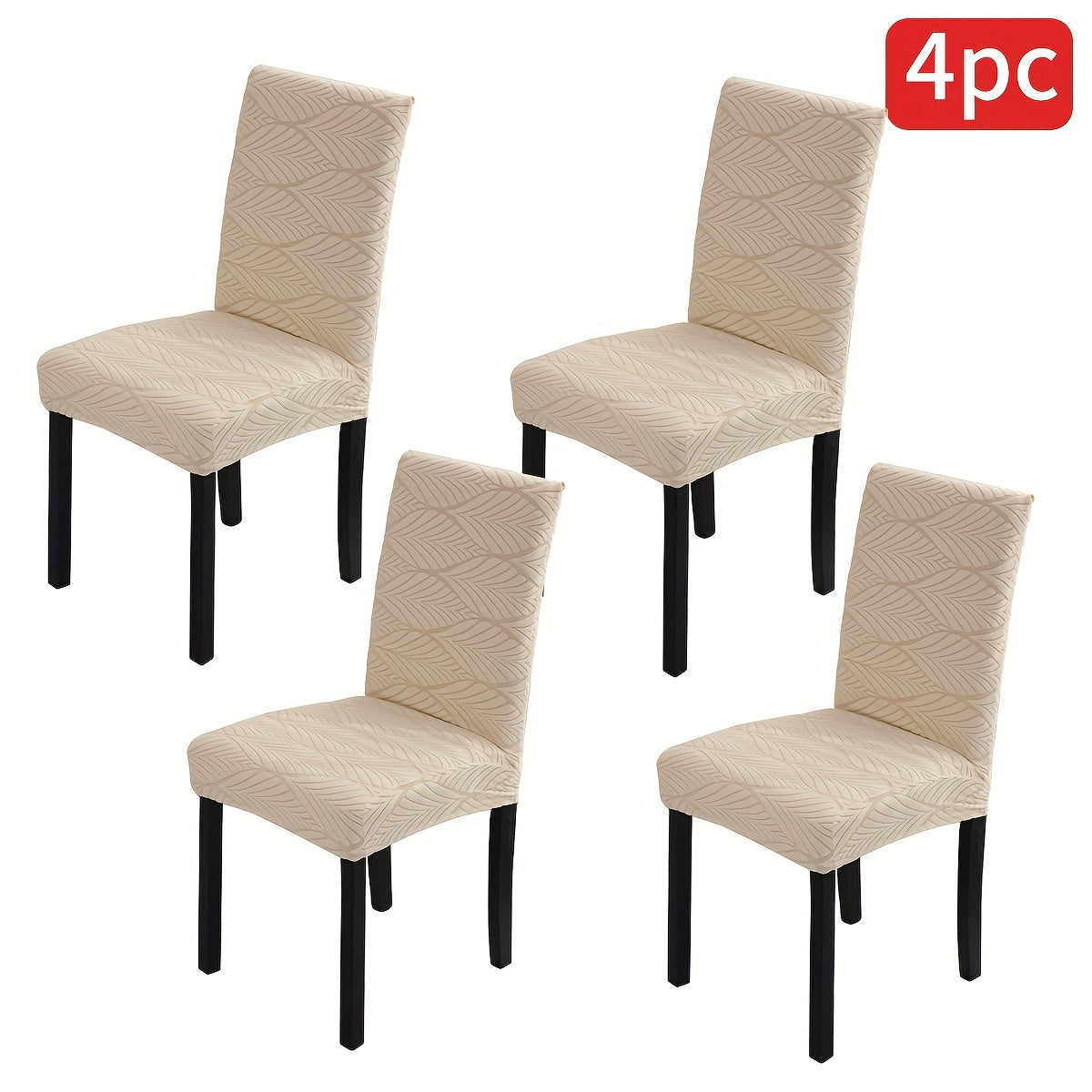 Elastic dining chair slipcovers with leaf pattern, removable and stretchable, made of polyester and spandex blend. Machine washable with elastic band closure. Suitable for home, office, and banquet hall decor.