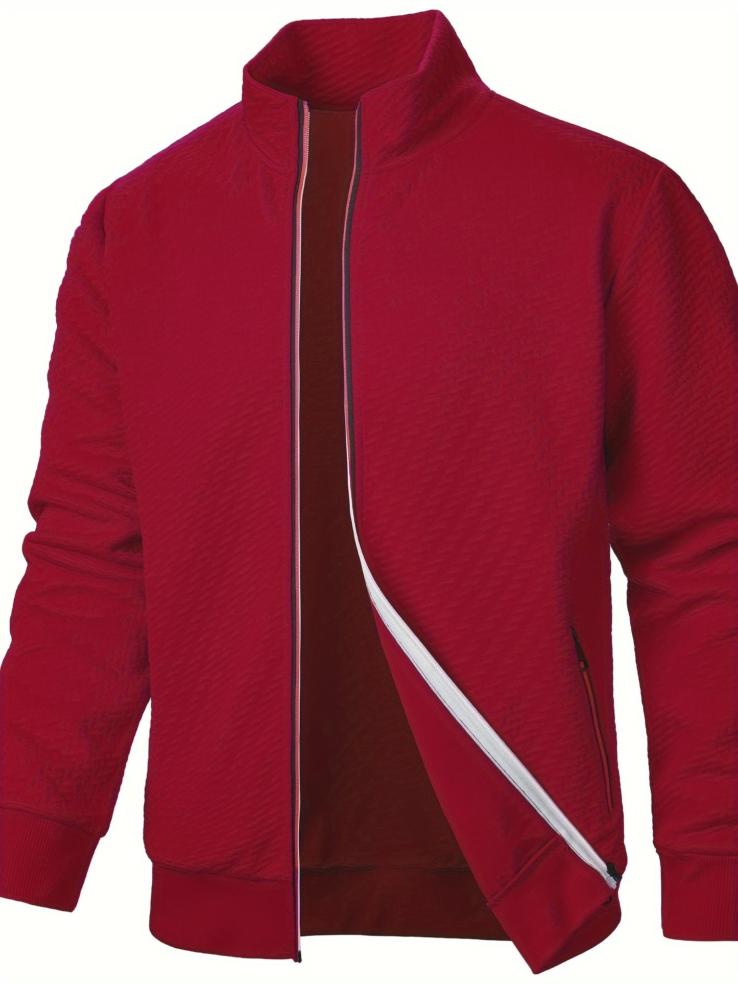 Men's Casual Zip Up Jacquard Jacket with Stand Collar and Hoodie, suitable for Spring, Fall, and Winter.