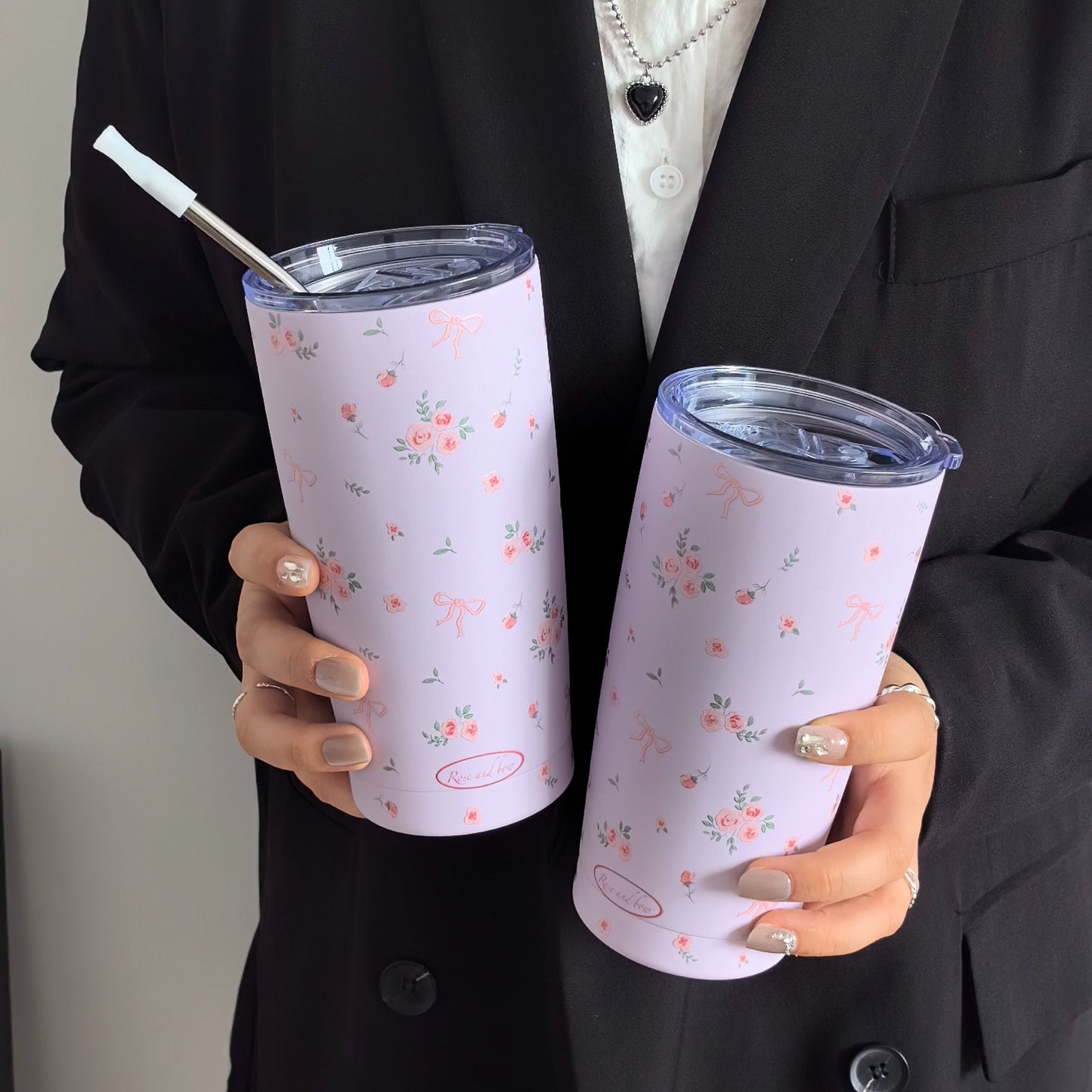 Stainless Steel Insulated Mug with Rose Floral Butterfly Knot Design, Double-Wall Travel Tumbler for Hot and Cold Beverages, Perfect for Fitness & Outdoor Sports. Great for Coffee on the go, Ideal for Graduation, Birthday & Holiday Gifts. Reusable and