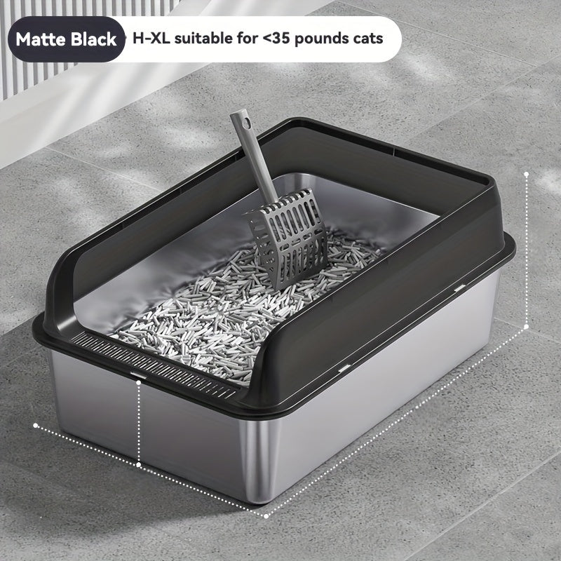 Large stainless steel litter box with splash guard cover for easy cleaning.