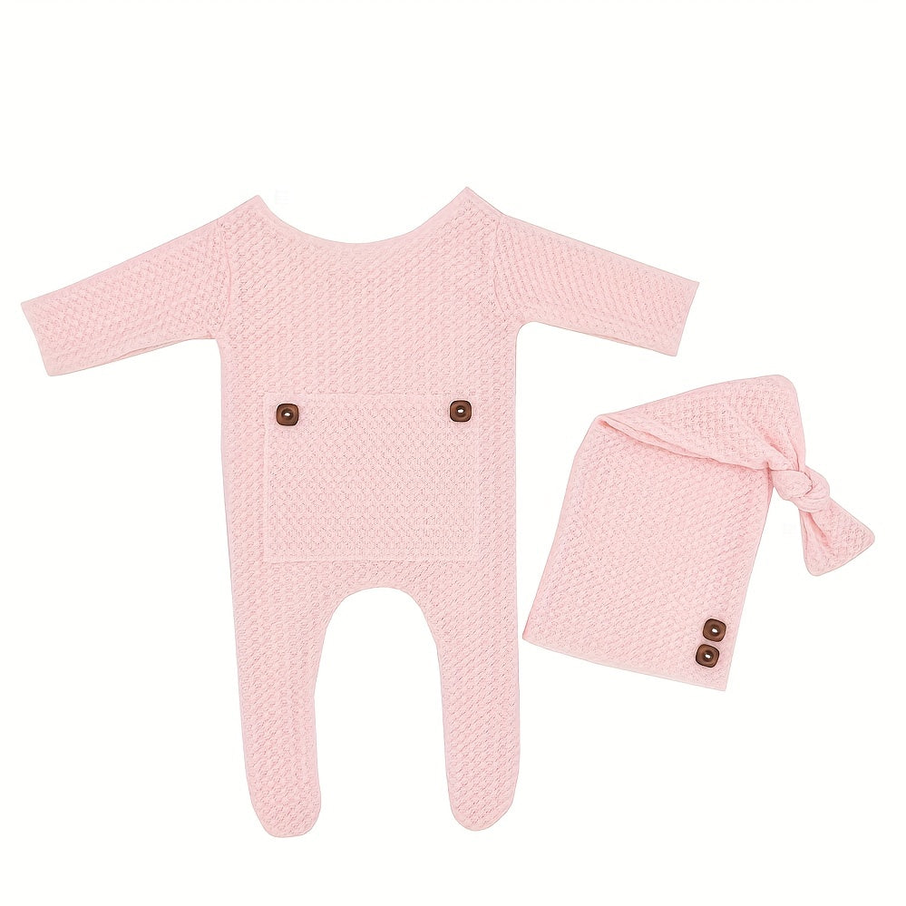 Newborn baby boy clothes set including a long sleeve knitted romper bodysuit, beanie cap, perfect for photography props and toddler photo shooting outfits. Great as a gift for Christmas, Halloween, or Thanksgiving Day.