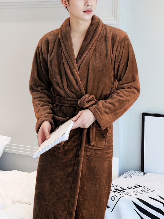 Luxurious plush fleece bathrobe for cozy autumn/winter comfort. Features thick, warm material, long sleeves, v-neck, tie belt, and is machine washable.