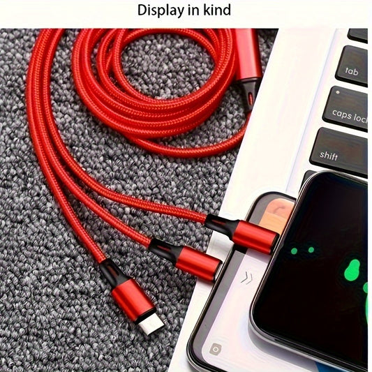 1.2M Nylon Braided Fast Charging Multi-function 3-in-1 Cable for IP/Type-C/Micro-USB, Compatible with Mobile Phones and Tablets