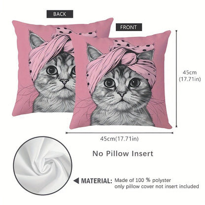 Reversible cat-themed throw pillow cover with pink turban design. Made of 100% polyester with zipper closure. Machine washable. Measures 45.72x45.72 cm. Perfect for bedroom, living room, and other rooms. 1pc, no insert included.