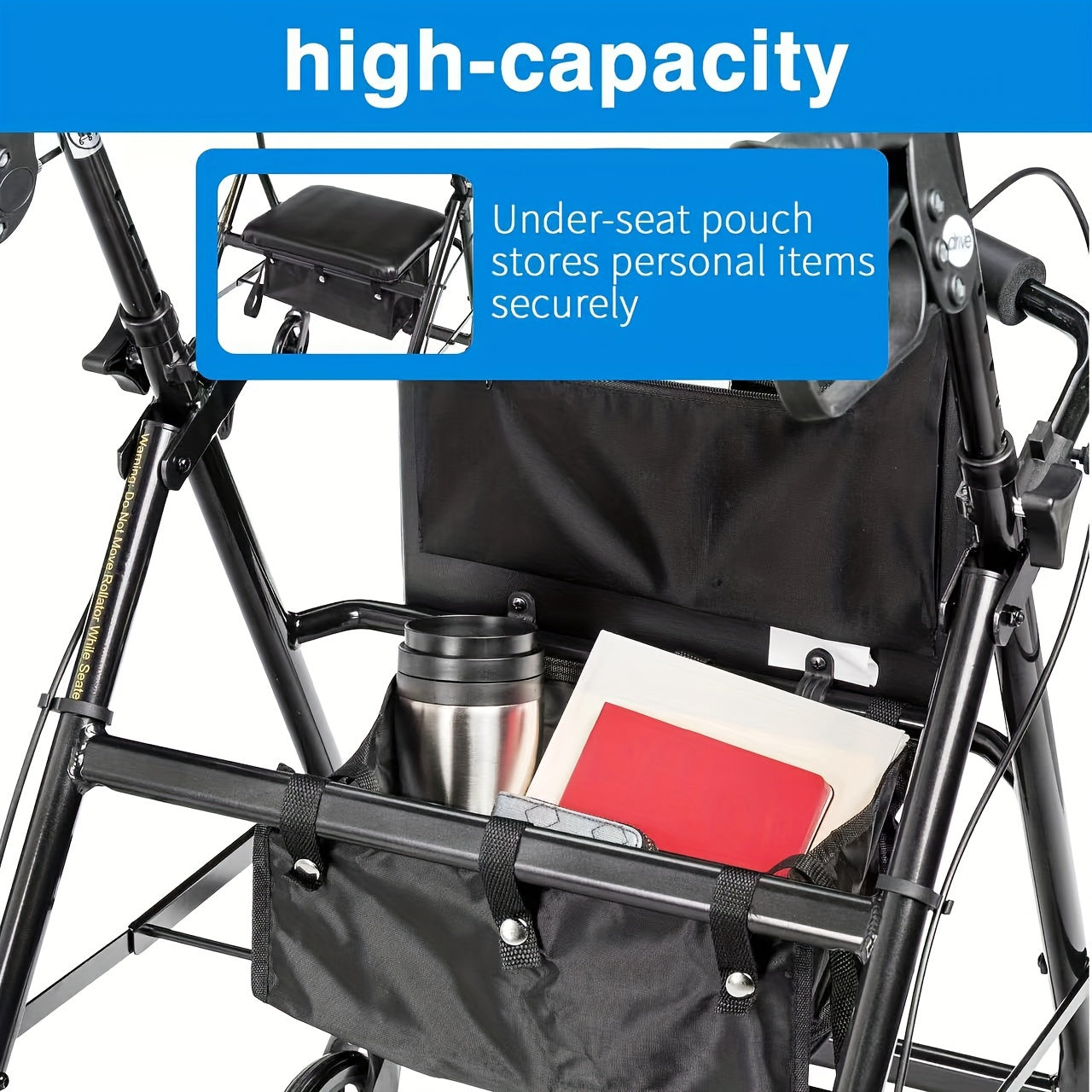 Durable canvas Walker Caddy with hanging pouch for 4-wheel walkers - essential organizer for mobility aids and home organization.