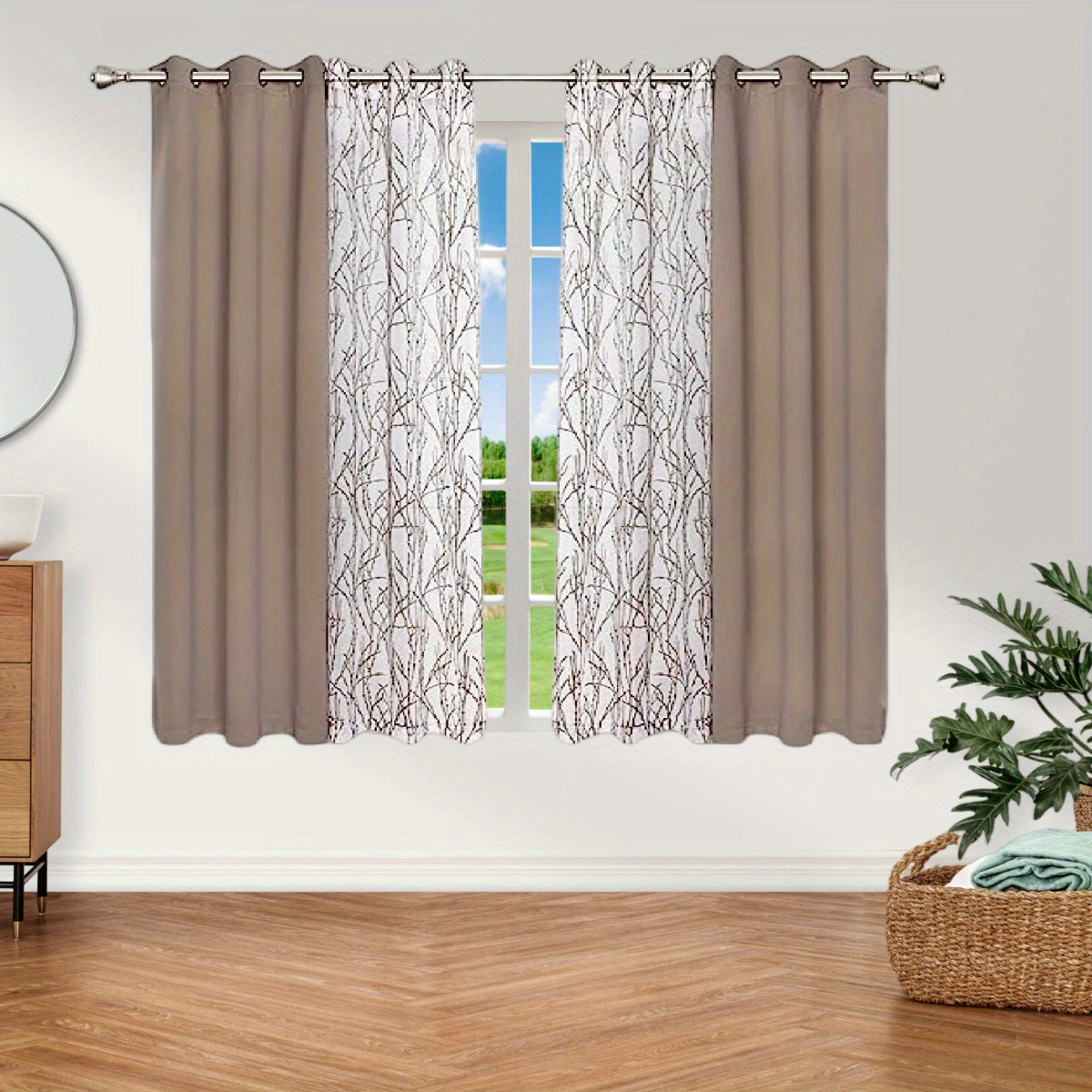 Pair of Curtains for Bedroom or Living Room - Includes 1 Sheer Branch Print Curtain and 1 Blackout Curtain, Grommet Style, 54x84 Inch Each, Dark Gray, Set of 2 Panels