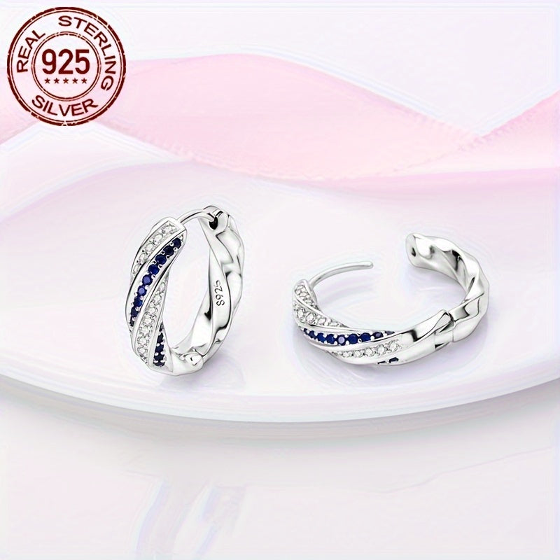 Hypoallergenic Blue & White Twisted Hoop Earrings, 925 Sterling Silver, 3.9g, Adorned with Sparkling Cubic Zirconia, Elegant Luxury Style, Fine Jewelry Gift for Women, Perfect Wedding Party Accessory