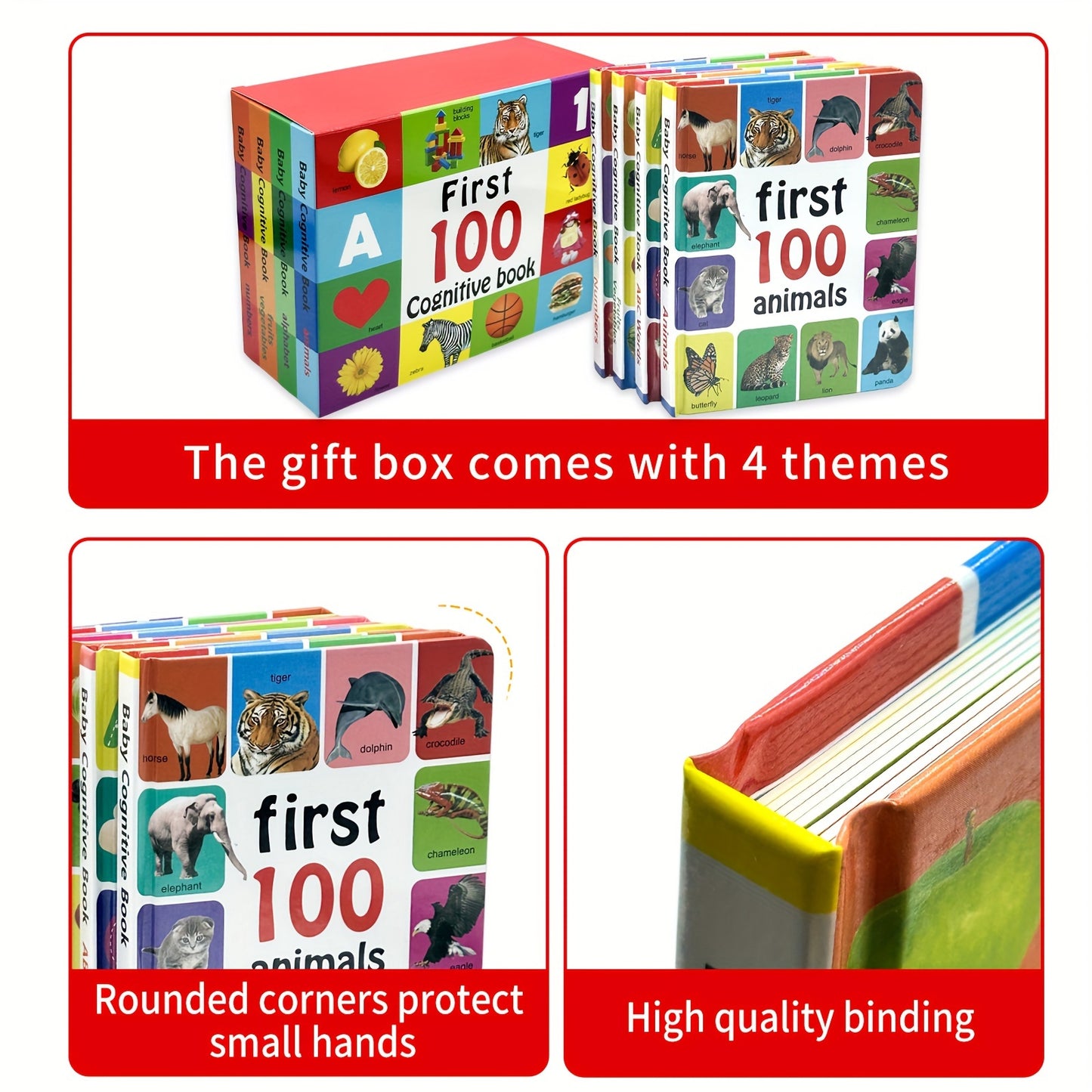 TEENYBABY's First 100 Cognitive Books for Babies is a 4-book set in English for children aged 4 and above. It is a great educational gift for kids and is published by Sunshine Children's