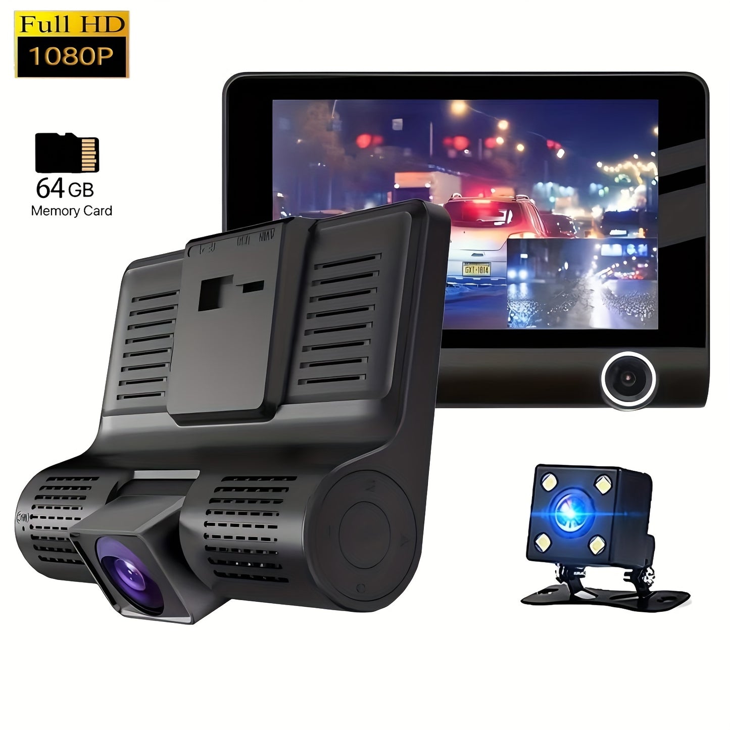 YiXingjia HD 3-Lens Dash Cam with Night Vision offers front, interior, and rear views, suction cup mount, loop recording, and reversible image.