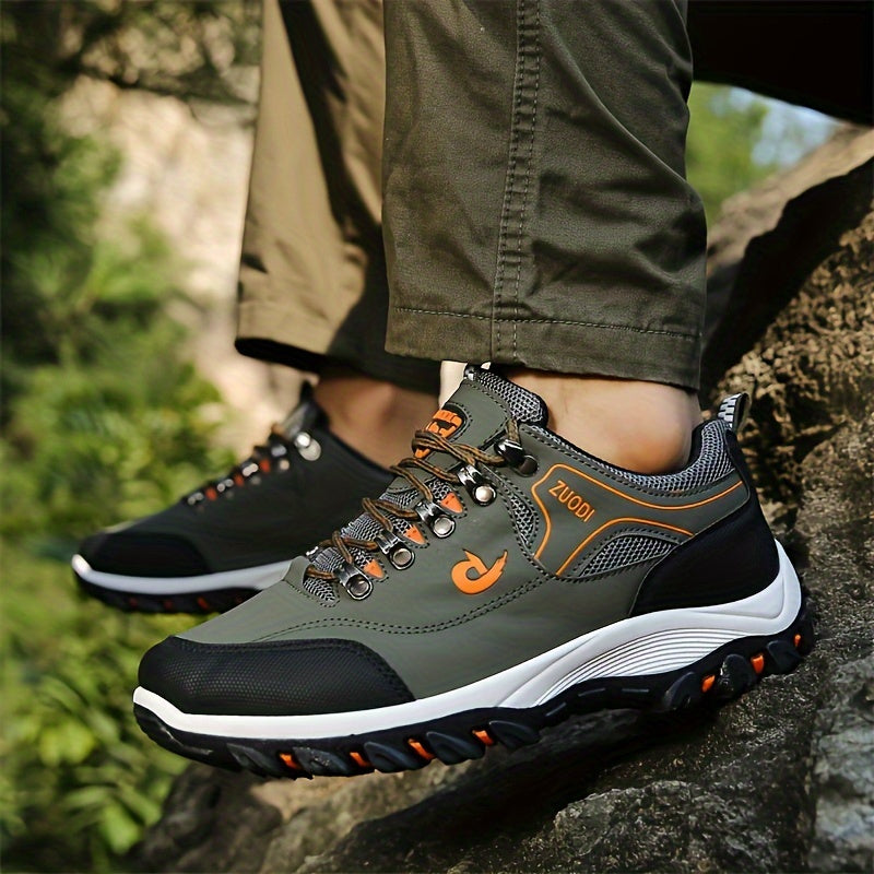 Large men's hiking boots and casual sports shoes with lace closure, solid color, lightweight design, and durable construction for outdoor activities.