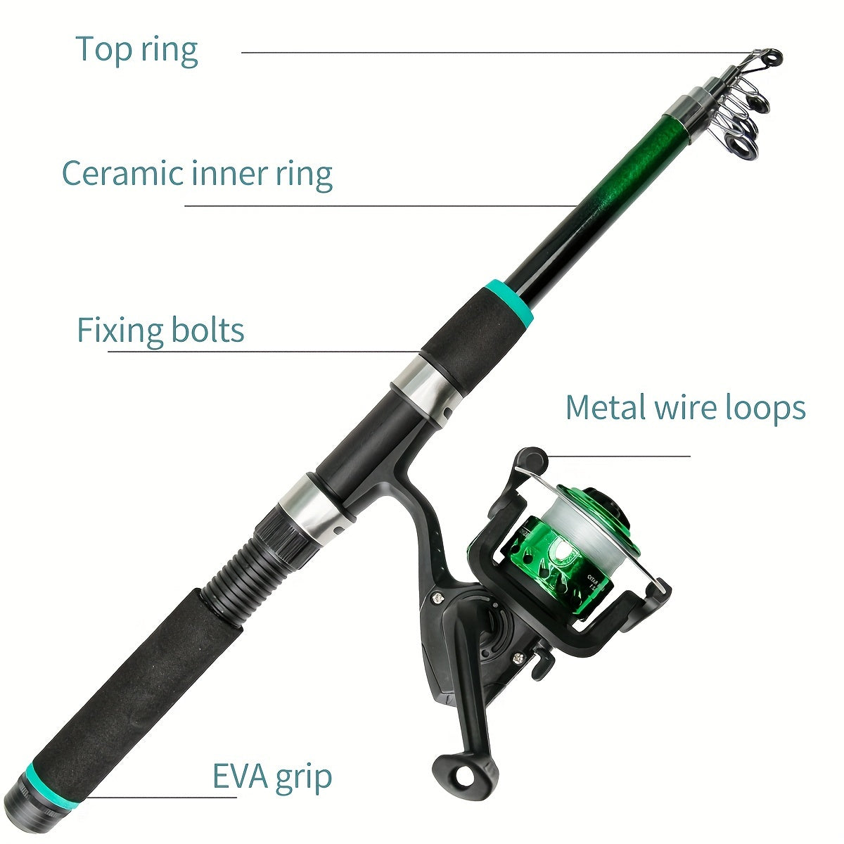 Travel-friendly telescopic fishing rod set with feeder, made of durable FRP, includes carp spinning pole, reel, baits, and hooks.