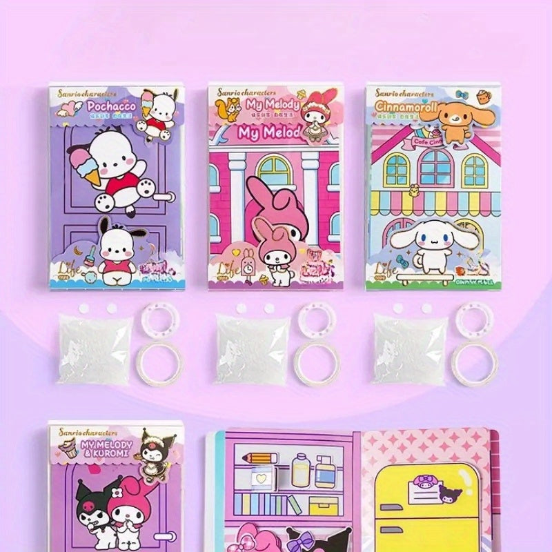 Sanrio 3D Bubble Sticker Book for DIY Crafts featuring characters like Hello Kitty, Kuromi, My Melody, Cinnamoroll, and Pochacco. Made of single-use glossy paper, this handmade decoration