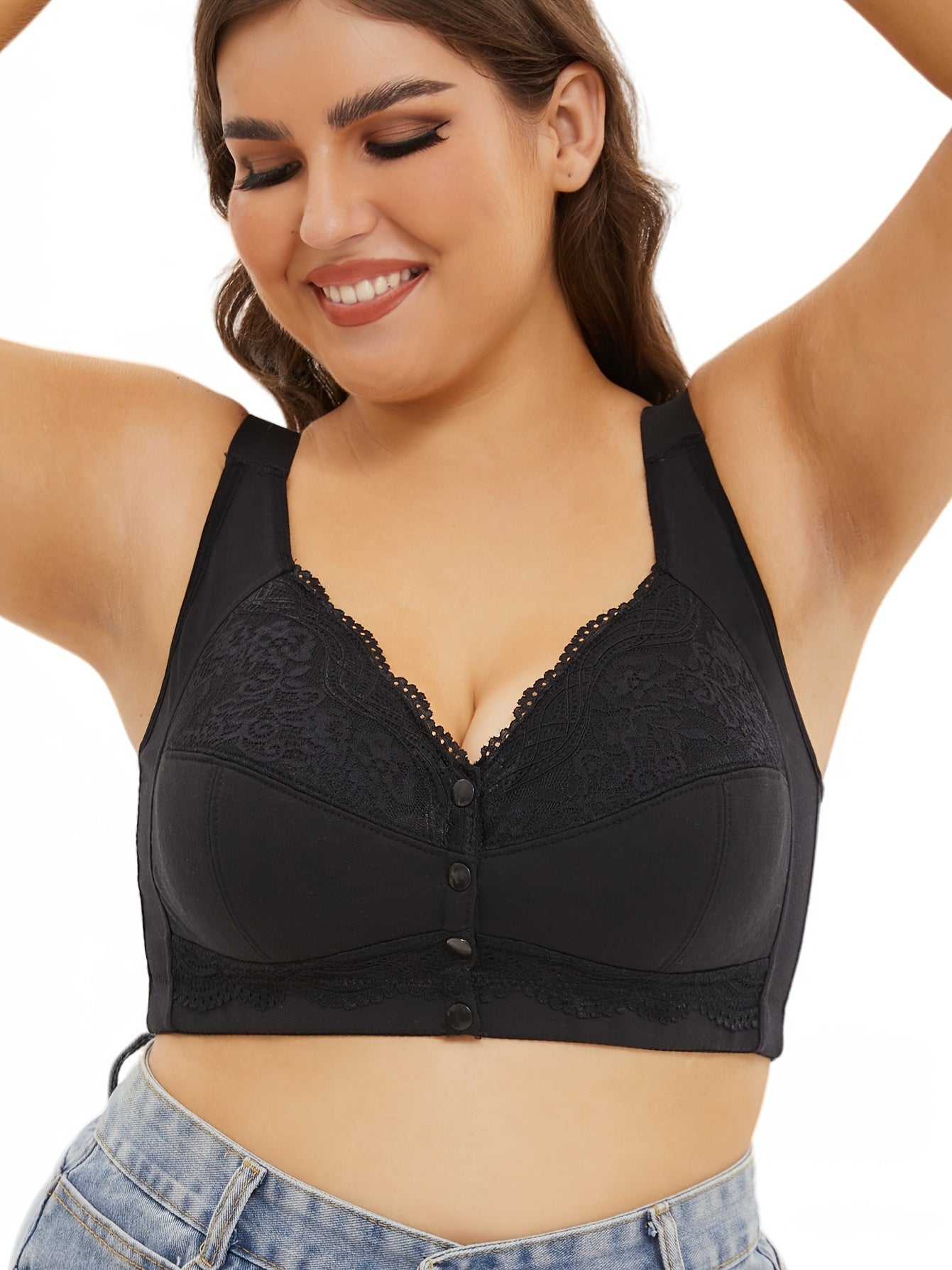 Women's lace front closure underwear with adjustable straps, no steel ring, and comfortable bra for plus sizes