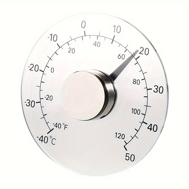 Waterproof outdoor thermometer with self-adhesive backing, no batteries needed, ideal for windows and doors.