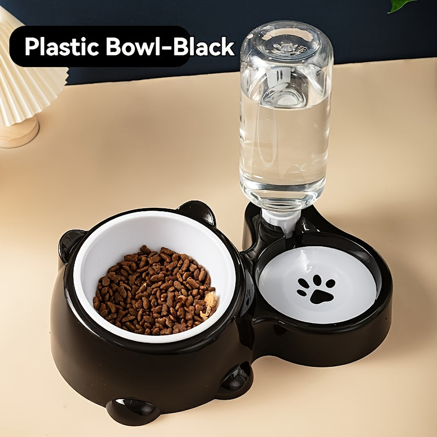 Automatic pet feeder with water dispenser, stainless steel bowls, neck protection, no charging or batteries needed.