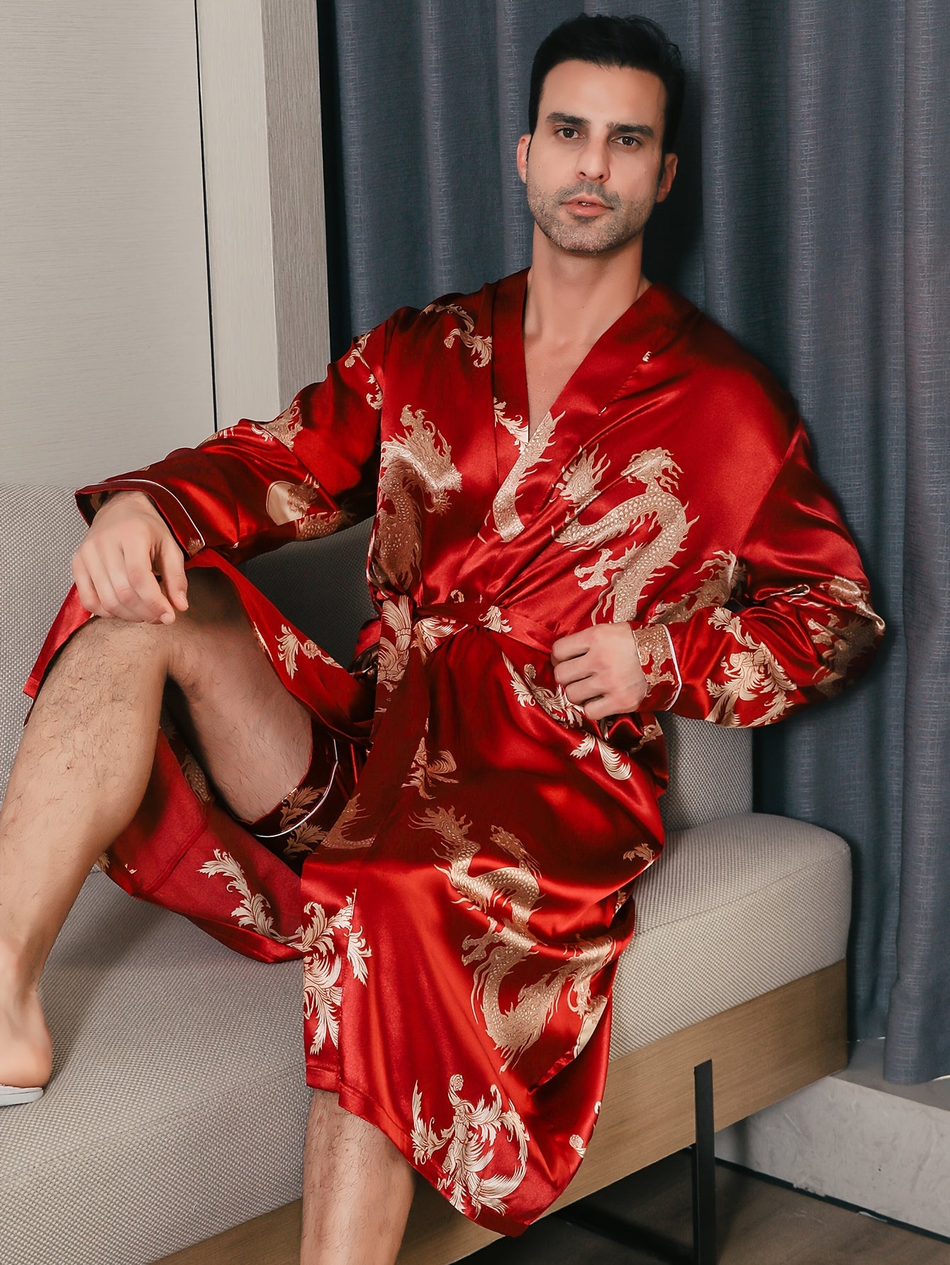 Men's long-sleeve robe with golden dragon print, ideal for loungewear or pajamas in any season.